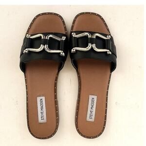 Steve Madden | Size 10 Alita Slip on Slide Sandals Gold Tone Black Hardware